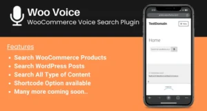 Promotional image for Woo Voice - WooCommerce Voice Search Plugin, highlighting features like searching for products, WordPress posts, all content types, and shortcode availability.