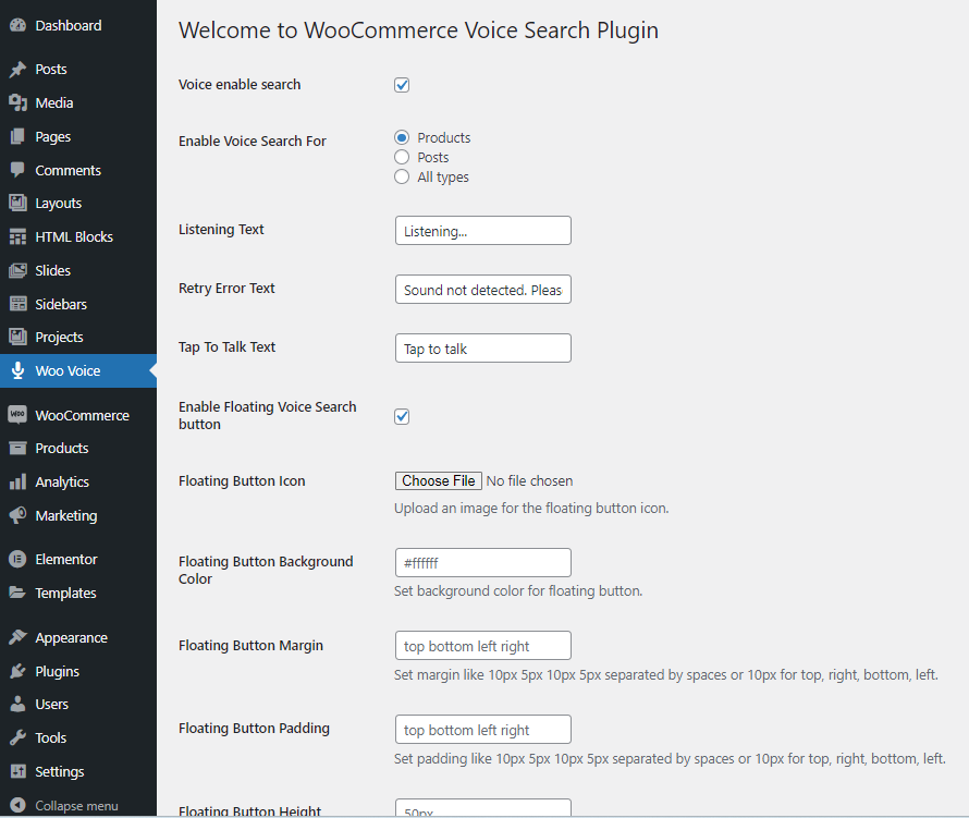 Screenshot of the Woo Voice plugin settings page in WordPress dashboard, featuring options for voice search activation, content type selection, and floating button customization.