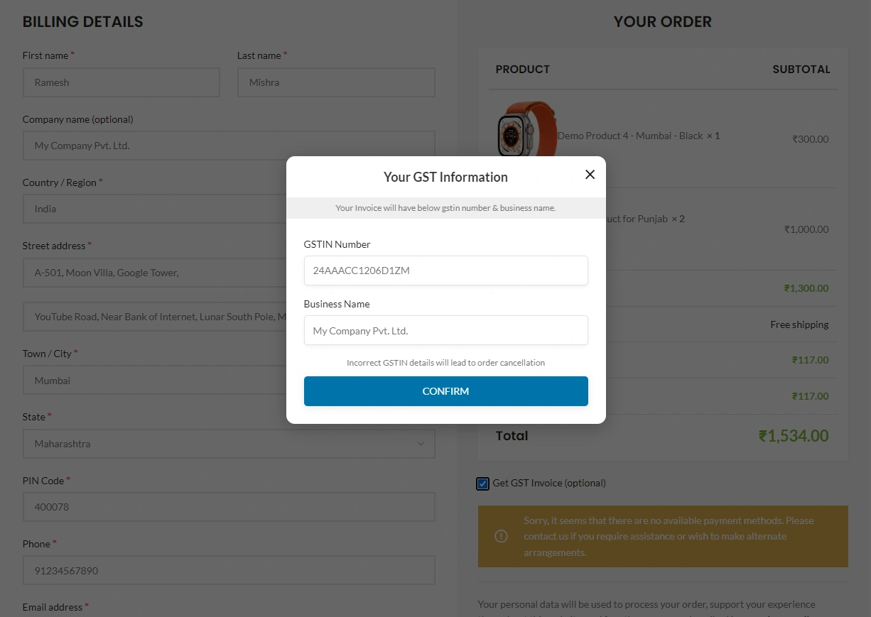 screenshot Showing the Invoice Options During Checkout.