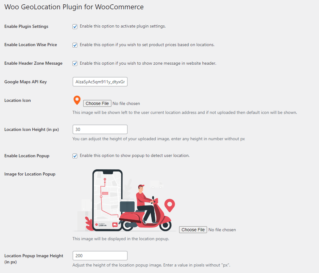 Settings dashboard of WooCommerce GeoLocation Plugin.